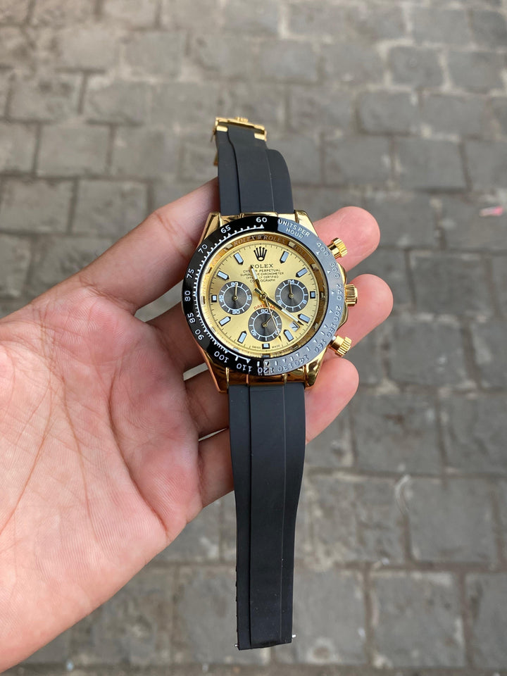 Gold Dial Black Case Silicon Strap Stylish Watch For Men