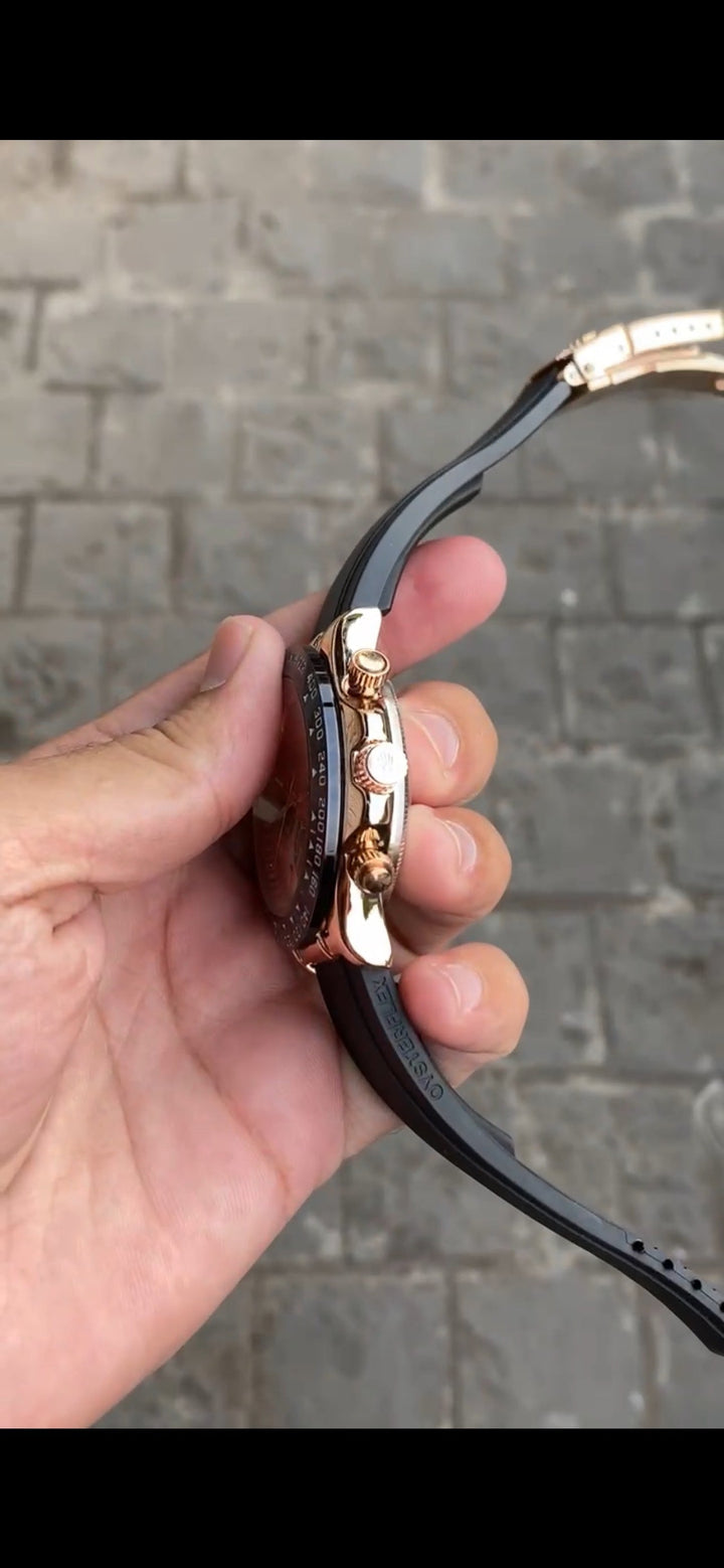 Rose Gold Dial Black Case Silicon Strap Stylish Watch For Men